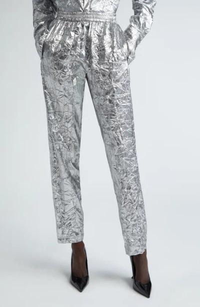 Laquan Smith Crinkle Metallic Snap Vent Pants In Silver