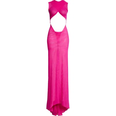 Laquan Smith Crisscross Sleeveless Sheer Mesh Gown In Fuchsia