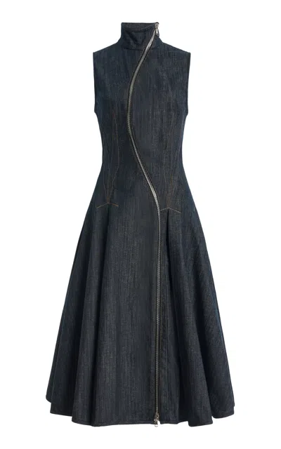 Laquan Smith Curved Zipper Denim Midi Dress In Gray