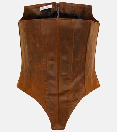 Laquan Smith Distressed Leather Bustier In Chocolate