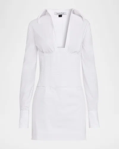 Laquan Smith Double-collar Corset Long-sleeve Mini Shirtdress In White
