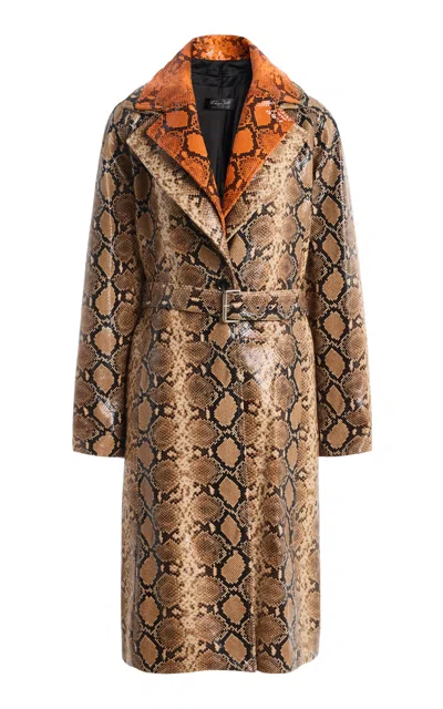 Laquan Smith Double-collar Snake-print Leather Trench Coat In Neutral