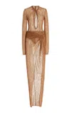 Laquan Smith Draped-skirt Lace Gown In Brown