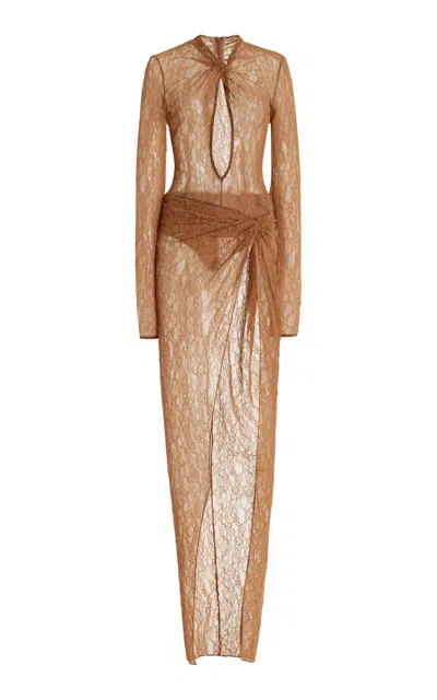 Laquan Smith Draped-skirt Lace Gown In Brown