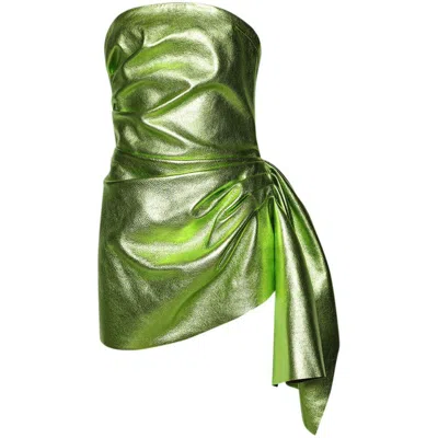 Laquan Smith Asymmetric Pleated Strapless Leather Cocktail Dress In Green