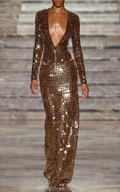Laquan Smith Exclusive Sequined Bodysuit In Gold