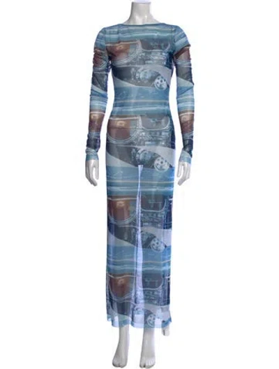 Pre-owned Laquan Smith Graphic Print Long Dress In Blue
