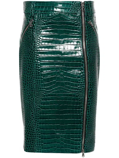 Laquan Smith Croc-embossed Midi Skirt In Green