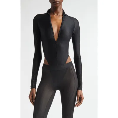 Laquan Smith High Cut Zip-up Bodysuit In Black