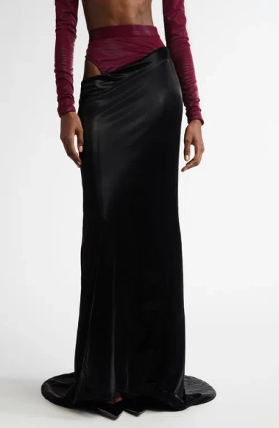 Laquan Smith Hip Cutout Faux Leather Maxi Skirt In Oxblood/black