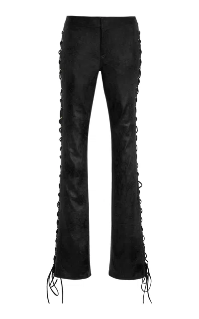 Laquan Smith Lace-up Leather Straight-leg Pants In Black