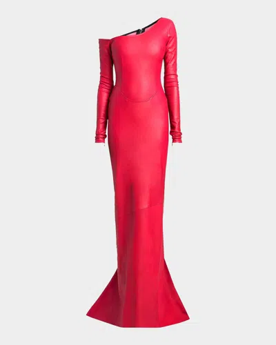 Laquan Smith Leather Asymmetric Mermaid Gown In Red