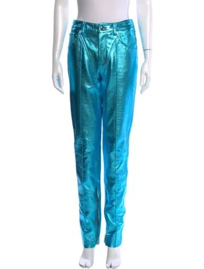 Pre-owned Laquan Smith Leather Straight Leg Pants W/ Tags In Blue