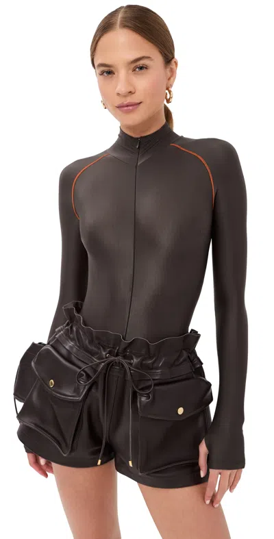 Laquan Smith Long Sleeve Bodysuit With Top Stitching Chocolate/orange In Brown