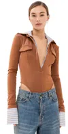 Laquan Smith Long Sleeve Button Down Bodysuit With Poplin Dickie Caramel In Caramel