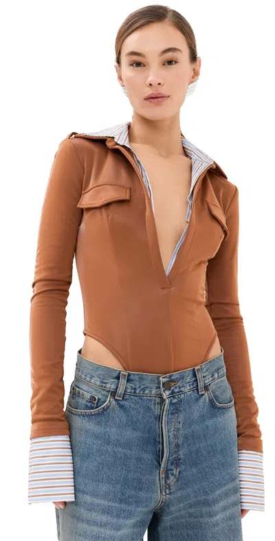 Laquan Smith Long Sleeve Button Down Bodysuit With Poplin Dickie Caramel