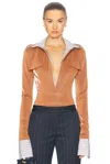 Laquan Smith Long Sleeve Button Down Bodysuit With Poplin Dickie Caramel In Caramel