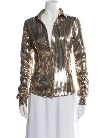 Pre-owned Laquan Smith Long Sleeve Button-up Top In Gold