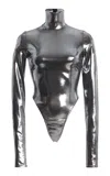 Laquan Smith Marabou Metallic Mock Neck Bodysuit In Silver