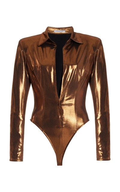 Laquan Smith Metallic Collared Bodysuit In Bronze