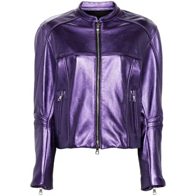 Laquan Smith Metallic Leather Bomber Jacket In Purple