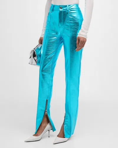 Laquan Smith Metallic Leather Chap-paneled Tapered-leg Zip-hem Trousers In Aqua