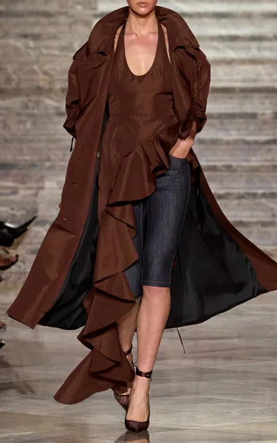 Laquan Smith Midi Trench Coat In Brown