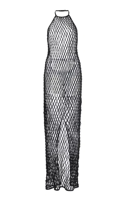 Laquan Smith Open-net Leather Maxi Dress In Black