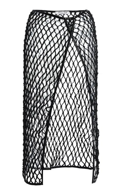 Laquan Smith Open-net Leather Midi Skirt In Black