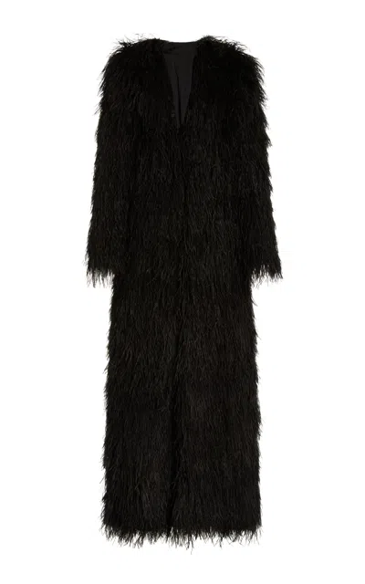Laquan Smith Ostrich Feather Full Length Coat In Black