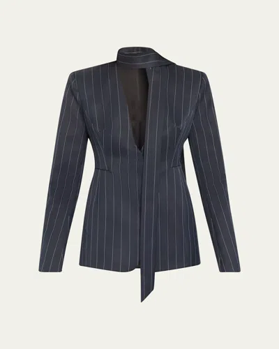 Laquan Smith Pinstripe V-neck Scarf Cutout Blazer Mini Dress In Navy
