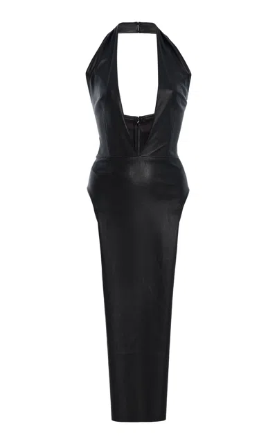 Laquan Smith Plunging Leather Midi Dress In Black