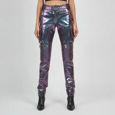 Pre-owned Laquan Smith Purple Iridescent Quilted Vinyl Cargo Moto Pants M
