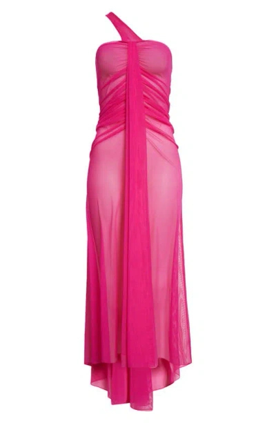 Laquan Smith Ruched One-shoulder Midi Dress In Fuschia