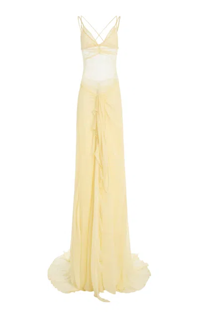 Laquan Smith Ruffle-detail Silk-blend Mini Dress With Train In Yellow