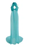 Laquan Smith Scarf-detailed Silk Gown In Blue