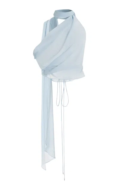 Laquan Smith Scarf-detailed Silk Top In Blue