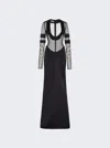 Laquan Smith Plunging Scoop-neck Mesh Long-sleeve Satin Gown In Black