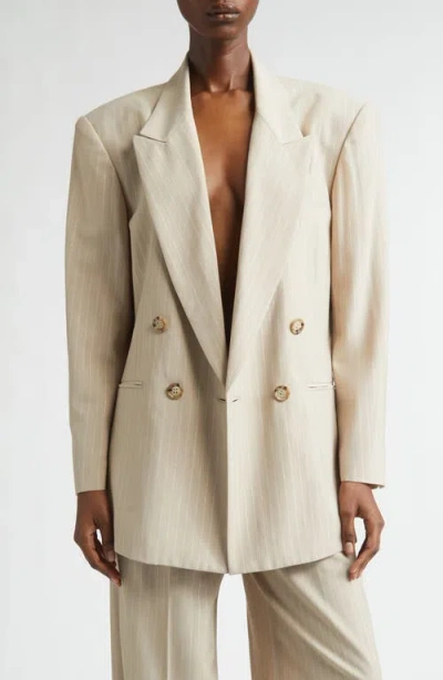 Laquan Smith Shimmer Pinstripe Double Breasted Jacket In Neutral