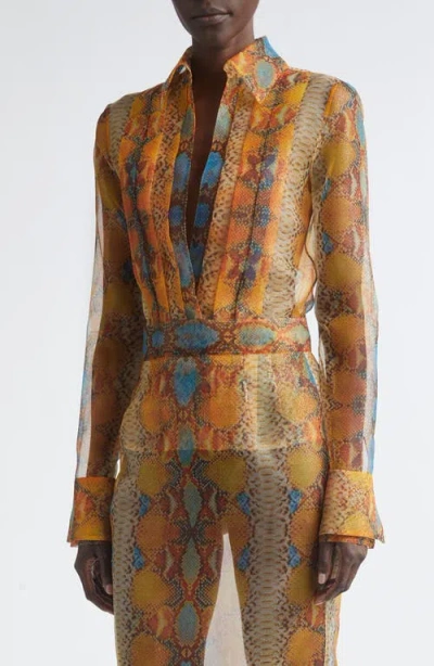 Laquan Smith Shimmer Snakeskin Print Pleated Double Cuff Button-up Shirt In Gold