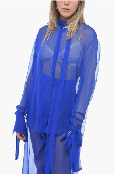 Laquan Smith Silk Chiffon Tie Neck Shirt With Knotted Cuffs In Blue