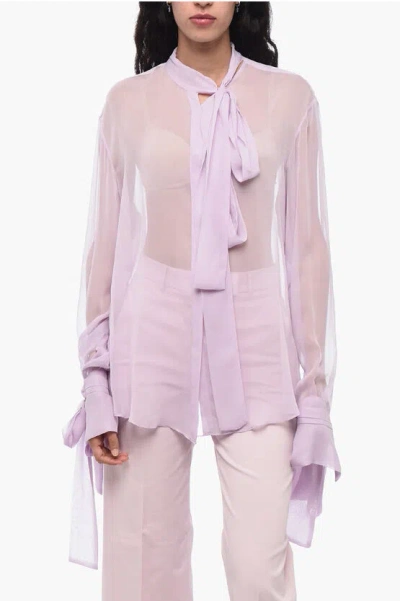 Laquan Smith Silk Chiffon Tie Neck Shirt With Knotted Cuffs In Purple