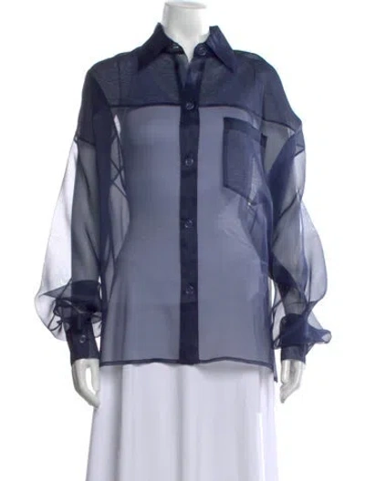 Pre-owned Laquan Smith Silk Long Sleeve Button-up Top W/ Tags In Blue