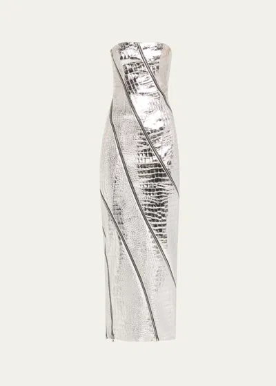 Laquan Smith Strapless Metallic Croc Leather Zipper Gown In Silver