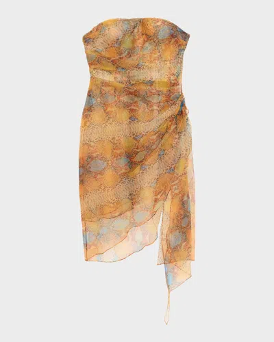Laquan Smith Strapless Metallic Snake-print Chiffon Asymmetric Dress In Multi