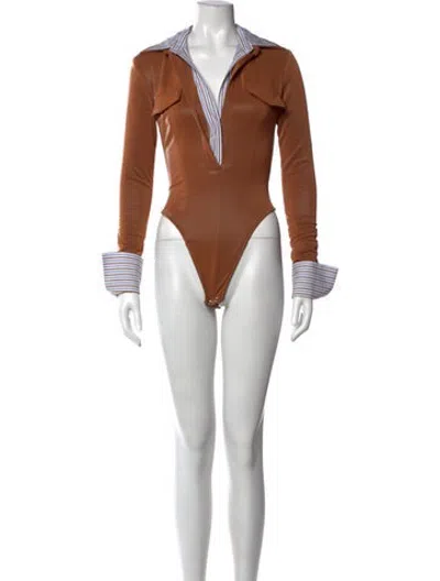 Pre-owned Laquan Smith Striped Long Sleeve Bodysuit In Brown