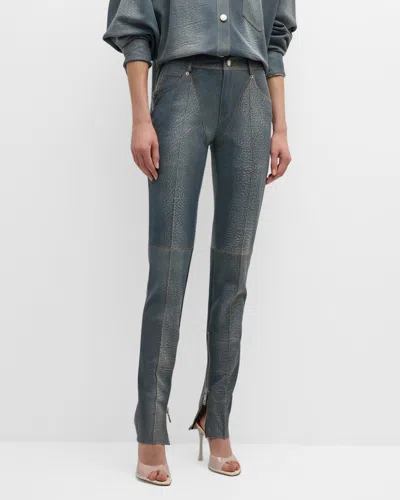 Laquan Smith Tapered Denim Pants With Zipper Details In Washed Denim