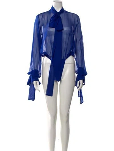 Pre-owned Laquan Smith Tie Neck Long Sleeve Blouse In Blue