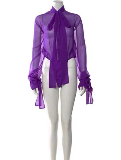 Pre-owned Laquan Smith Tie Neck Long Sleeve Blouse In Purple