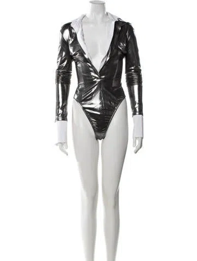 Pre-owned Laquan Smith V-neck Long Sleeve Bodysuit In Silver/white